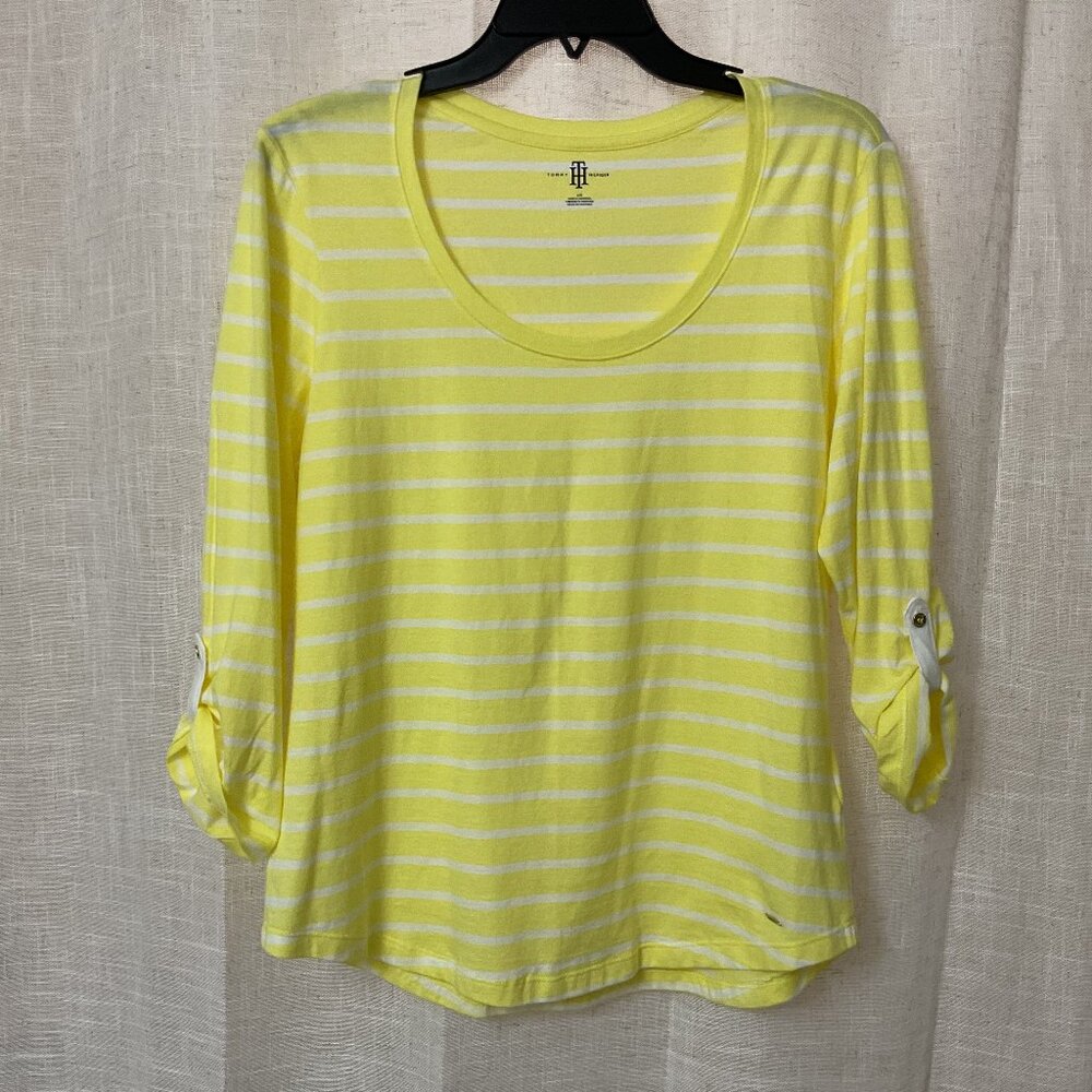 Tommy Hilfiger Women Size L Pullover Top Yellow White Striped 3/4 Sleeves Cotton